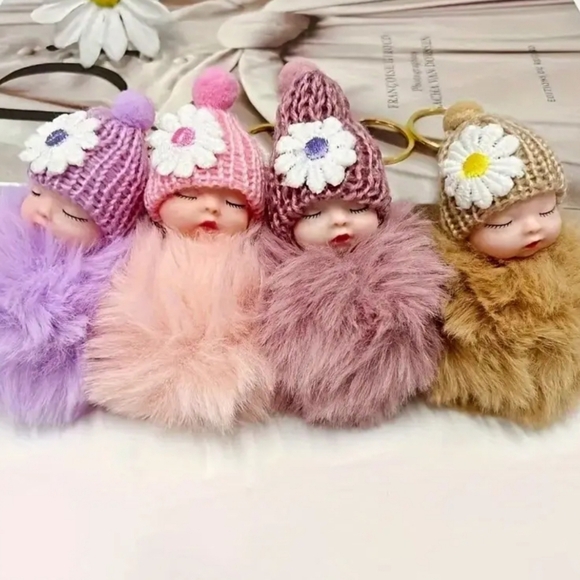 PICK YOUR COLOR NWT Sleeping Baby Doll Pom Pom Keychain - Picture 4 of 9